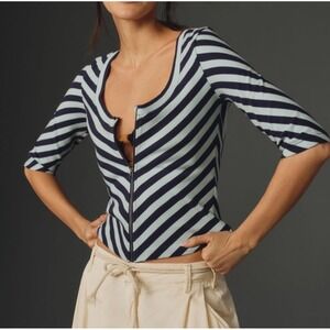 Maeve Navy & White Diagonal Stripe Zip Crop Top